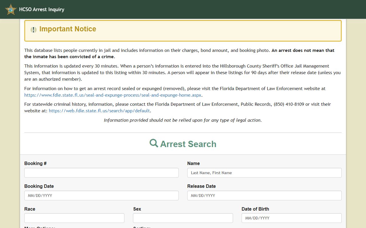 Hillsborough County arrest inquiry system