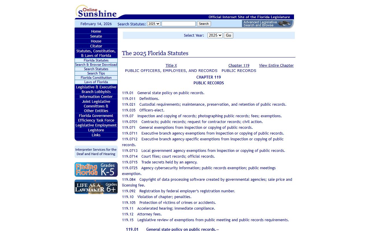 Chapter 119 Florida Statutes public records law page