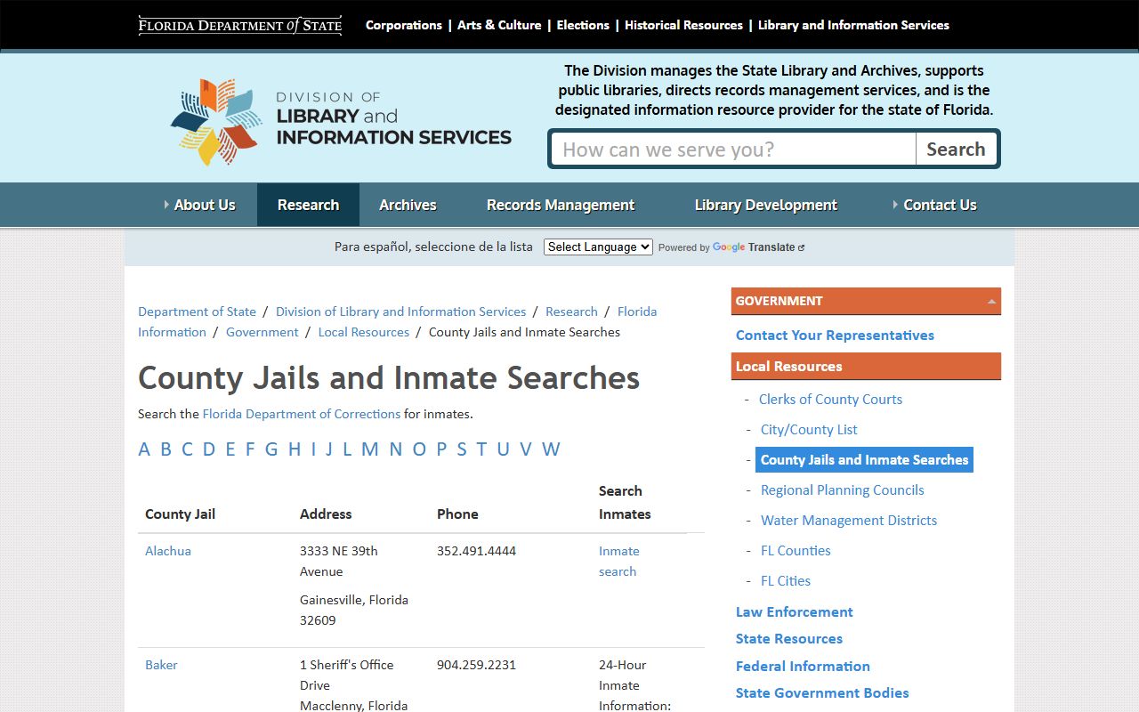 Florida county jails directory with inmate search links