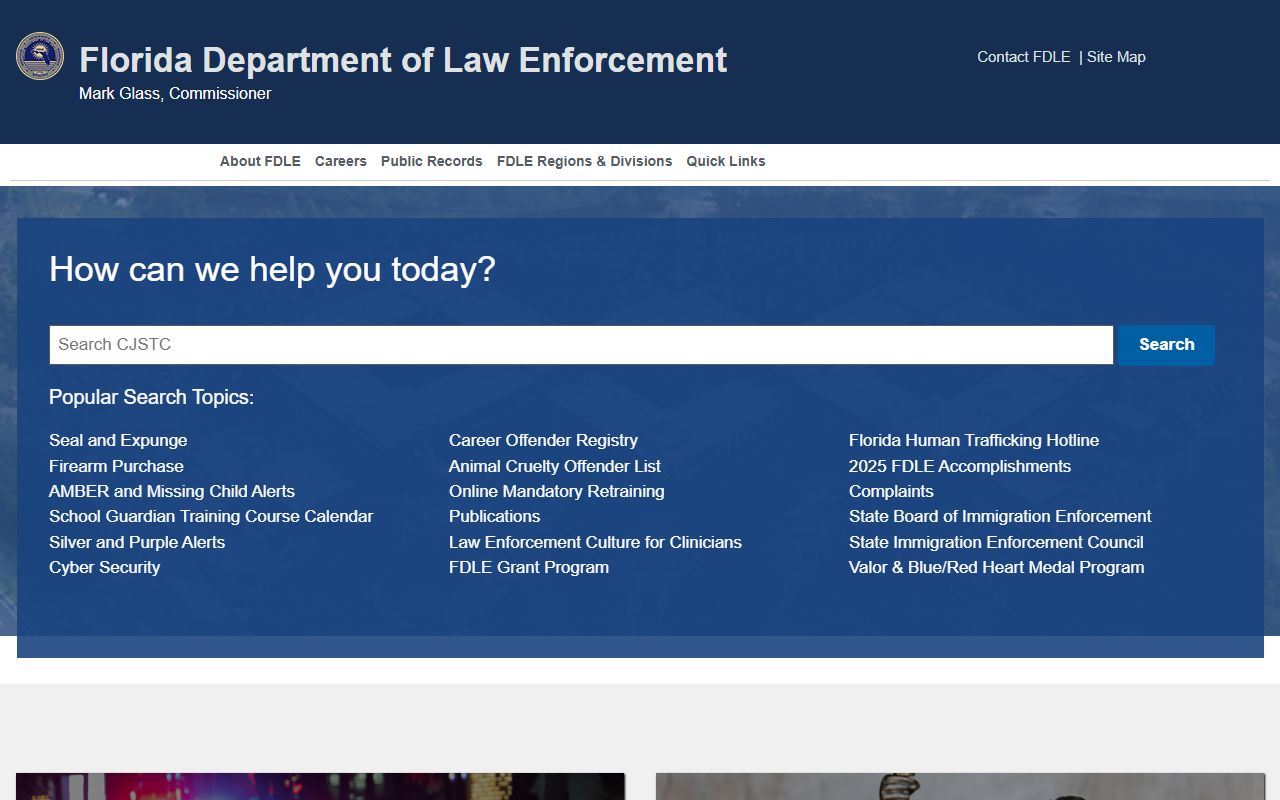 Florida Department of Law Enforcement homepage for arrest records