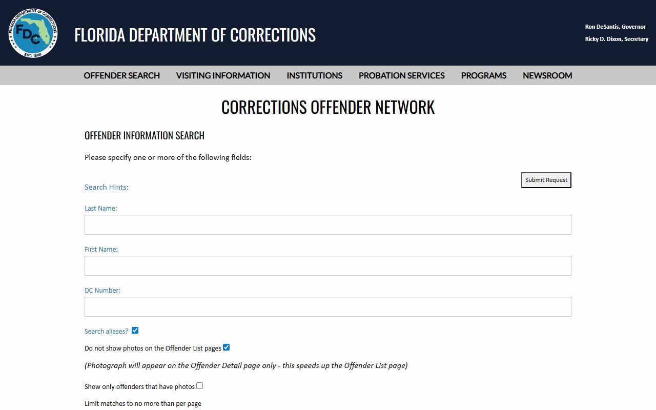 FDOC offender search database for Florida inmates