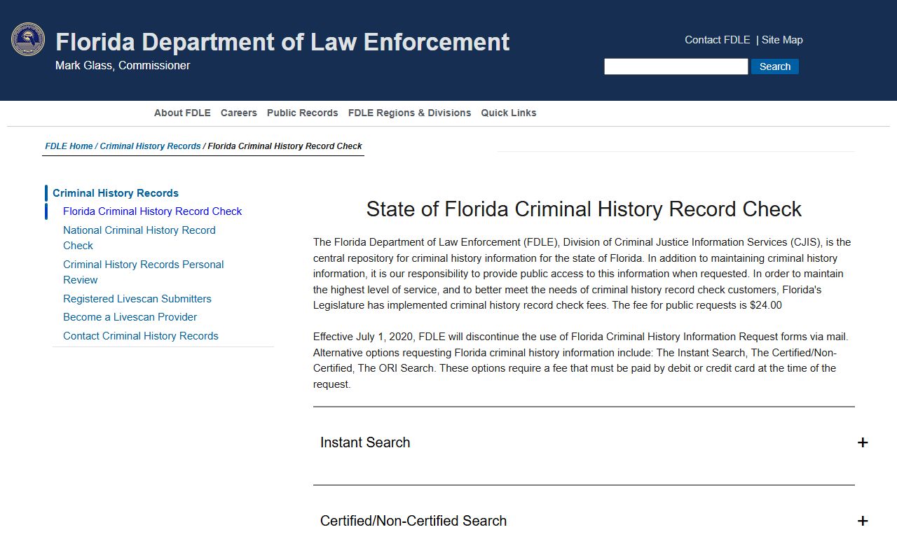 Florida criminal history record check information page